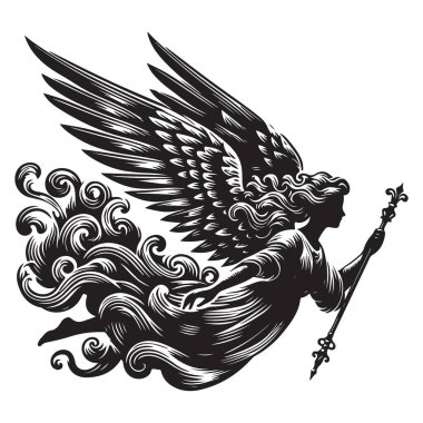 Kanatları ve Personel Vektörü İllüstrasyonlu Zarif Melek Silueti
