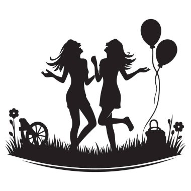 İki Arkadaş Açık havada eğleniyor Siluet Vektör Grafiği