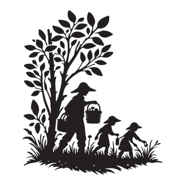 Ormanda Aile Yürüyüşü Silüeti Sonbahar Macerası