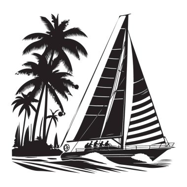 Yelkenli ve Palmiye Ağaçları Vektör Tropikal Ada Manzarası
