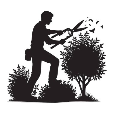 Bahçe Vektöründeki Çitleri ve Çalıları Düzenleyen Siluet Peyzajcısı
