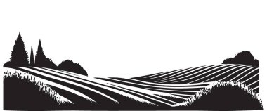 Rolling Hills Peyzaj Vektörü Tarla ve Ağaçlarla Sanat İllüstrasyonu