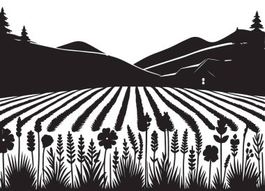 Tarımsal Alan ve Çiçek Vektörüyle Manzaralı Çiftlik Manzarası