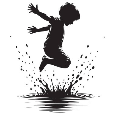 Neşeli Özgürlüğü ifade eden Su birikintisine atlayan çocuk.