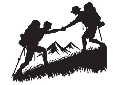 Yürüyüşçüler takım çalışması siluet çizim yardımı dağ yolunda