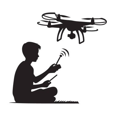 Uzaktan kumandalı dron silueti ve genç çocuk.