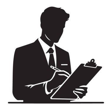 Profesyonel adam not alıyor, iş raporları siluet sanatı analiz ediyor.