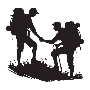 Dağ Yürüyüşçüleri Birbirine Yardım Ediyor Üst Siluet Vektörüne Ulaşmak