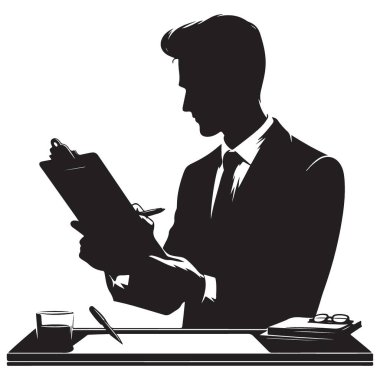 Ciddi iş adamı, masa silueti vektöründeki belgeyi gözden geçirdi