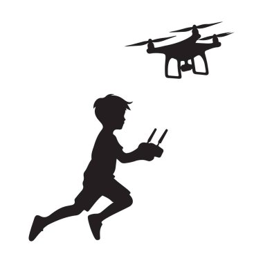 Drone Siluet Vektör İllüstrasyon Tasarımı Kovalayan Çocuk
