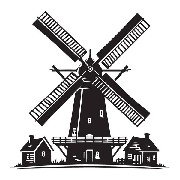 Majestic Silhouette of a Dutch Windmill amidst Quaint Village Houses
