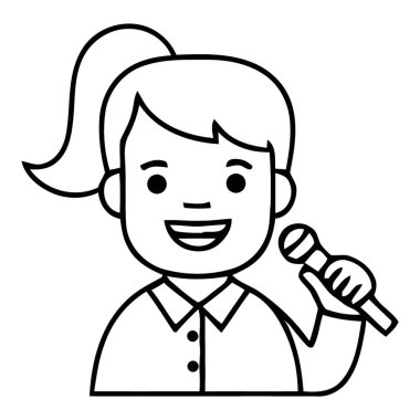 Neşeli Genç Kadın Mikrofon Tutuyor ve Neşeli Şarkı Söylüyor