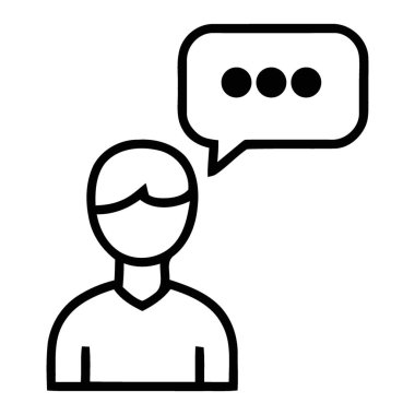 Bir kişinin siluetinin üç noktadan oluşan bir konuşma baloncuğu içerdiği temiz, minimalist bir ikon. Dijital ve iş bağlamında fikirleri, tartışmaları veya devam eden iletişimi temsil etmek için mükemmel..