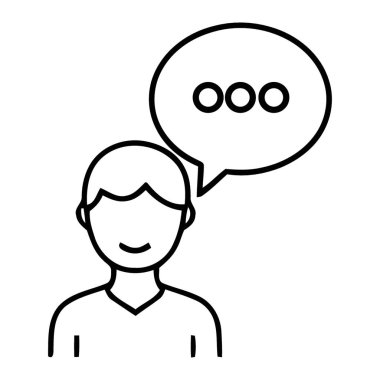 Kafasının üstünde konuşma balonu olan, iletişimi, fikirleri ve sohbeti temsil etmek için mükemmel gülümseyen bir kişinin basit, temiz çizgi simgesi. İş, eğitim ve sosyal platformlar için çok yönlü.