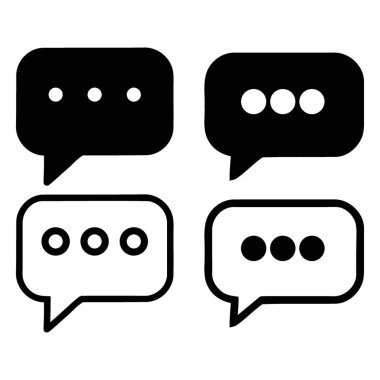 Modern arayüzler ve uygulamalar için dijital iletişim, mesajlaşma ve diyalog içeren siyah beyaz sohbet baloncuğu simgeleri. Çok yönlü tasarım ögeleri.