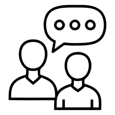 İletişim ve bağlantıyı sembolize eden temiz, modern bir ikon. İki soyut figür, ortak düşünce ve fikirleri aktaran bir konuşma balonuyla diyalog halindeler..  