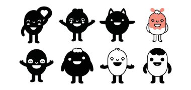 Bu sevimli, basit çizgi film karakterleriyle her projeyi aydınlat! Neşeli ifadeleri ve neşeli tasarımları, çocukların içeriği, markalaşması ya da eğlence ve kişiliğe ihtiyaç duyan yaratıcı çabaları için ideal olan anlık neşe getirir..