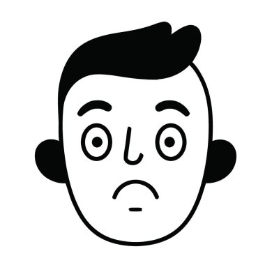 Bu anlamlı karikatür yüzü, geniş gözleriyle ve altüst olmuş ağzıyla endişe ve endişeyi anında iletir. Sunum ve tasarımlarda olumsuz duyguları, zorlukları veya şüphe anlarını göstermek için idealdir.