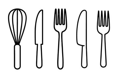 Mutfak projelerinizi bu temiz, modern mutfak aletleriyle yükseltin. Buna çırpı, bıçak ve çatal da dahil. Yemek blogları, yemek tarifleri ya da restoran markaları için mükemmel..