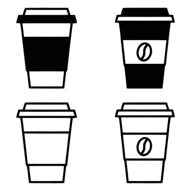 Dört adet şık siyah-beyaz tek kullanımlık sıcak içecek bardağı koleksiyonu ve ana hatları