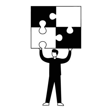 Siyah beyaz kare bir bulmacayı şekilli tutan bir kişinin silueti