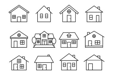 Çeşitli Ev Yapıları ve Konut Binalarının Ayrıntılı Çizgi Sanat Resimleri