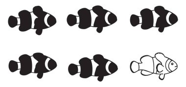 Çeşitli Palyaço Balığı Çizimleri Özetlenmiş ve Katı Şekiller