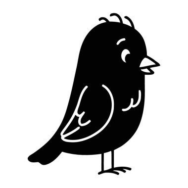 Beyaz arkaplanda duran sevimli küçük kuş çizgi film karakteri silueti