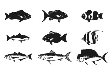 Çeşitli Deniz Balıkları Koleksiyonu Kara Siluet Çizimleri