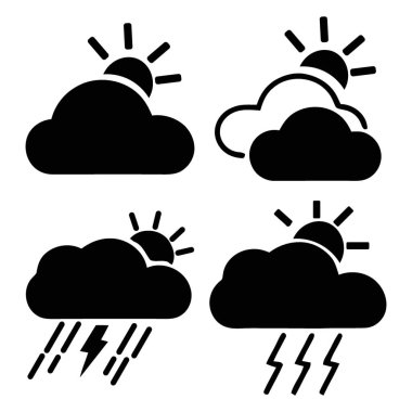 Çeşitli Hava Tahminleri Simgeleri Güneş Bulutu Yağmuru ve Şimşek Koşullarını Gösteriyor
