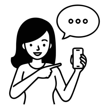 Gülümseyen Kadın Akıllı Telefonu Tutuyor ve Konuşma Baloncuğuyla İşaret Ediyor