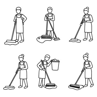 Çeşitli çizgilerde, çeşitli ev temizliği görevleri yapan bir kadın tasvir ediliyor.