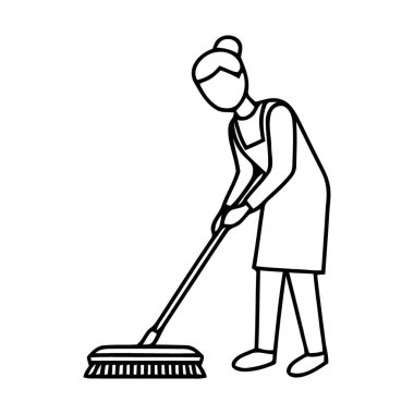 Bir kadının yerleri süpürmek için eğildiği zarif bir çizim.
