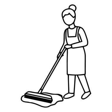 Adanmış bakım işçisi profesyonel bir paspasla aktif olarak yerleri temizliyor.