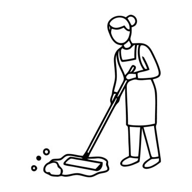 Temizlik için sabun köpükleriyle ıslak zemini paspaslayan Profesyonel Temizlik Görevlisi