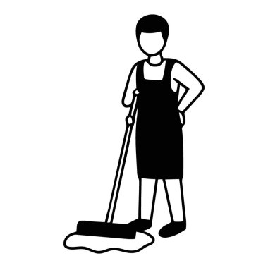 Profesyonel Temizlik İşçisi Uzun Saplı Siluet Simgesi ile Döşeme Temizleme