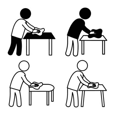 Çeşitli Simgeler Kümesi Çeşitli Biçimlerle Masaları Temizleyen İnsanları Resmediyor