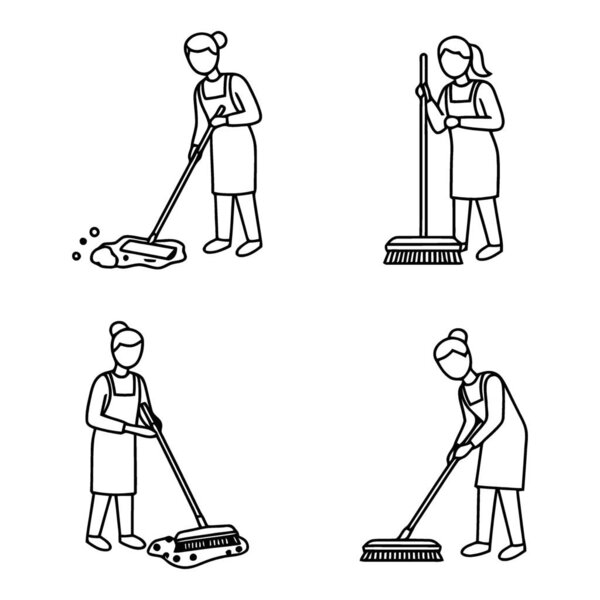 Collection of line art illustrations featuring a woman engaged in various cleaning tasks