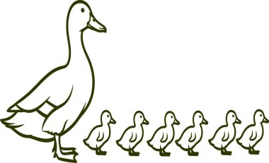 A simple black and white illustration of a mother duck followed by six small ducklings walking in a row.