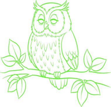 A charming, hand-drawn style illustration of an owl with closed eyes perched on a leafy branch, rendered in a bright green outline.