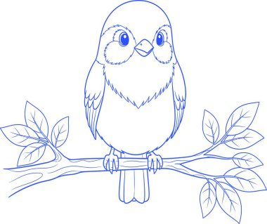 A simple, charming blue line drawing of a plump little bird with big eyes sitting on a leafy branch.