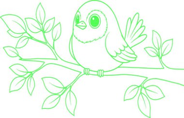 A simple, hand-drawn illustration of a small, round bird with big eyes sitting on a branch with leaves.