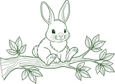 A charming line drawing of a fluffy bunny perched on a tree branch adorned with green leaves.