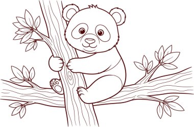A charming line drawing of a young panda bear clinging to a tree branch, surrounded by foliage. This illustration is perfect for coloring.