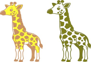 Two stylized cartoon giraffes stand side by side. One is yellow with brown spots, the other green with white spots.