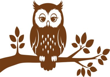 This is a graphic illustration of a brown owl sitting on a tree branch. The owl has large eyes and is facing forward.