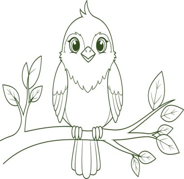 A simple black and white line drawing of an adorable, wide-eyed cartoon bird perched on a tree branch with small leaves.