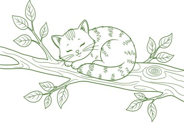A cute, sketched kitten peacefully naps on a textured tree branch surrounded by delicate leaves.