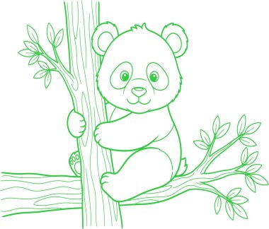 A charming, hand-drawn illustration of a baby panda with bright green eyes, playfully perched on a tree branch.