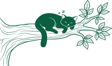 A stylized green cat sits on a tree branch, its tail hanging down. Leaves are depicted on the branches.